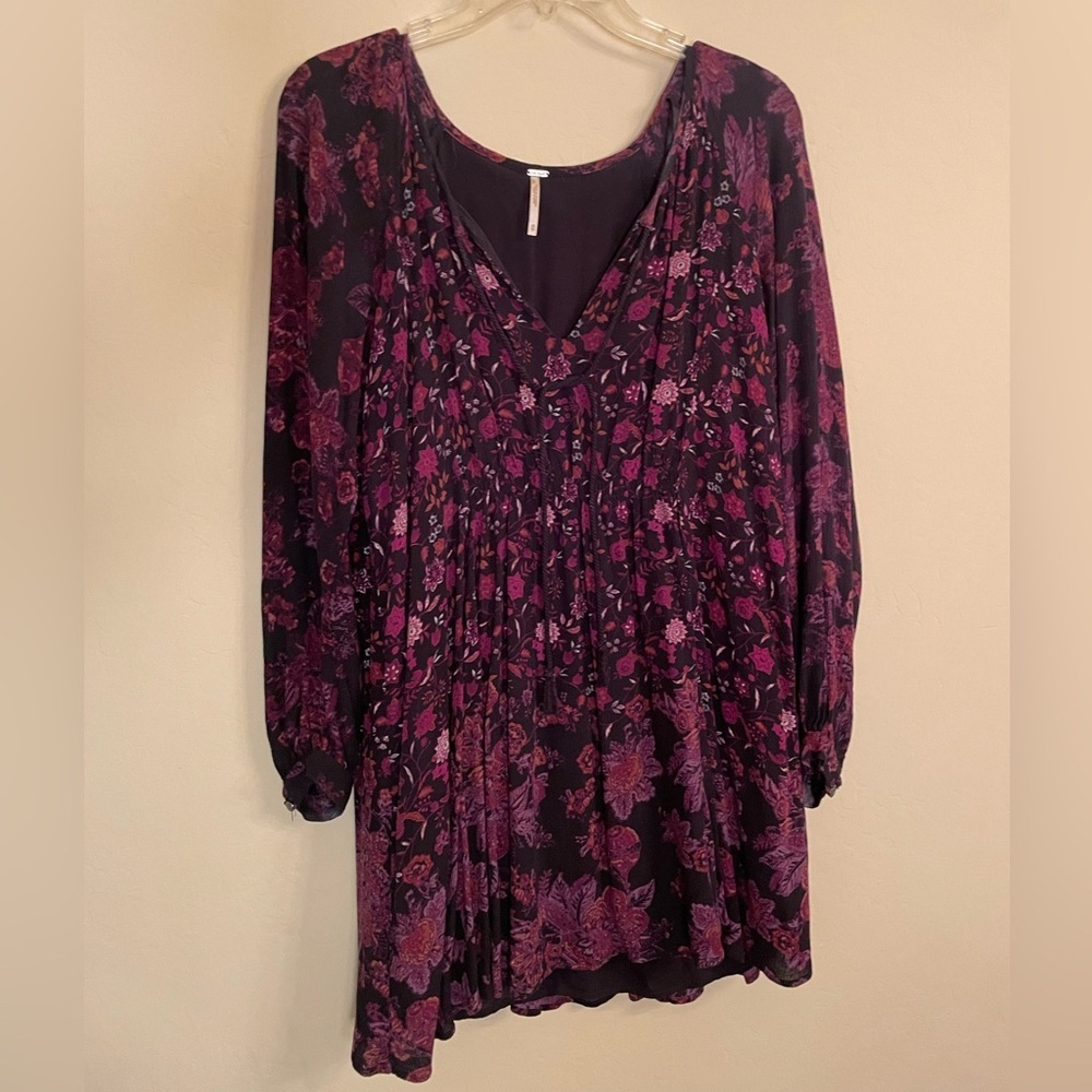 Free People Floral Print Mini Dress Tunic Black Maroon Long Sleeve Dress